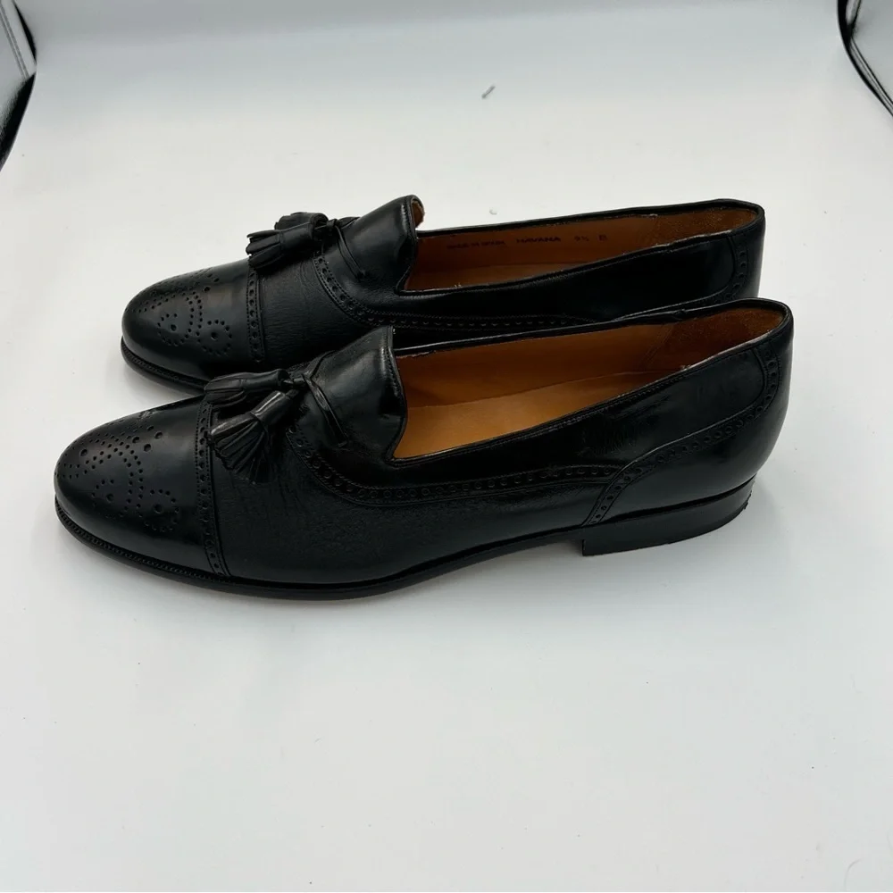 Meylan Tassel Loafers 8.5B Black Leather Cap Toe Brogue Made in Spain